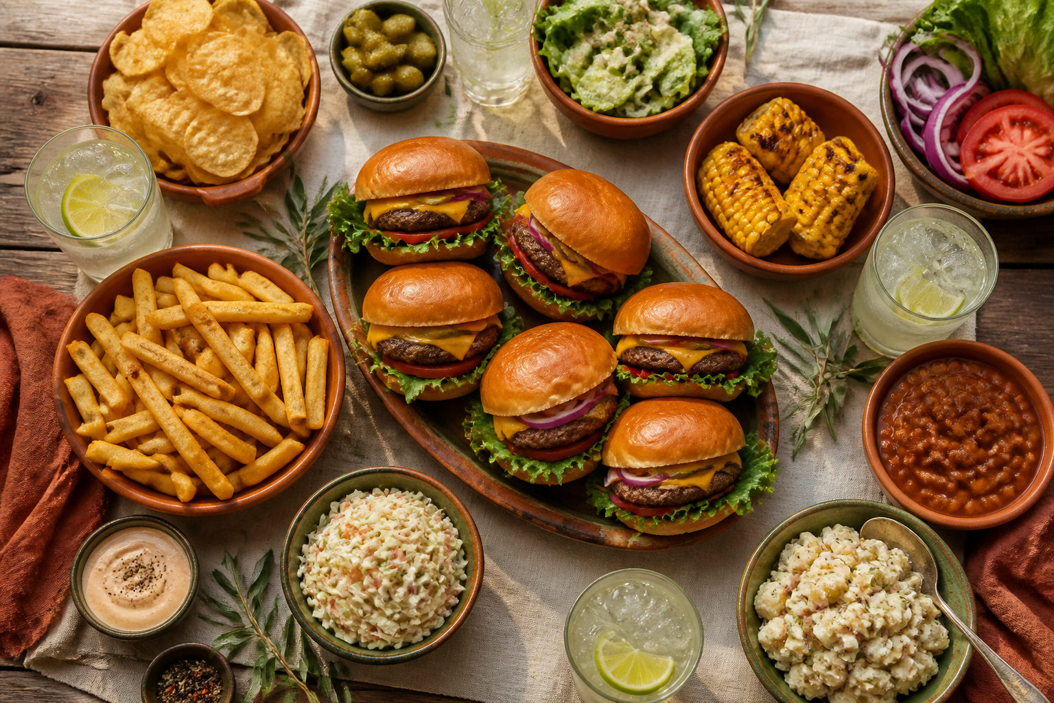 Burgers, sides and cold drinks laid out for the event